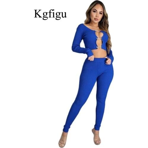 KGFIGU Rib White Party Legging Pants Sets Women Sexy Long Sleeve Pin Shirts Good Stretchy Soft Pencil Trousers Two Piece Outfits
