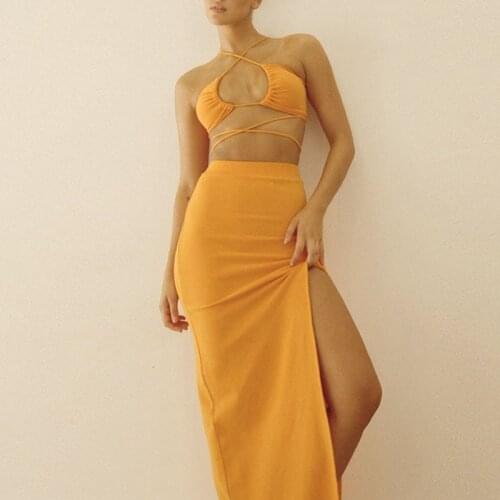 Sexy Streetwear Two Pieces Skirt Sets Women Tracksuit Fashion Halter Bandage Tops and Long Skirts Matching Set Suits