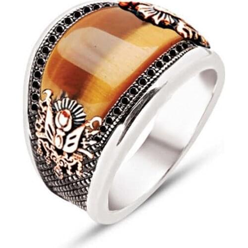 Silver Custom Cut Tiger Eye Stone Zircon Engraved Mens ring