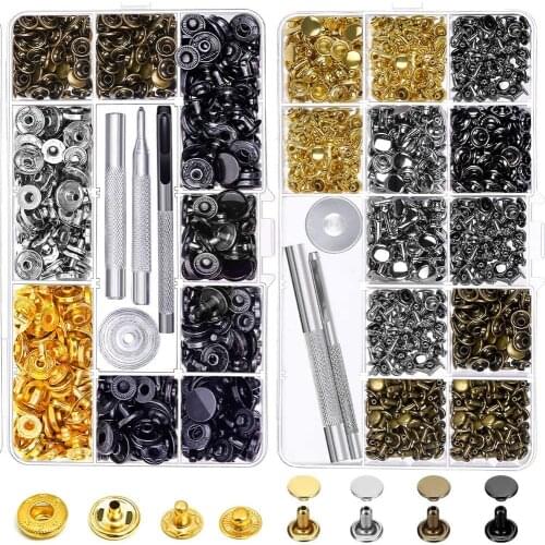 50set Leather Snap Fasteners Kit,10mm 12mm 15mm Metal Button Snaps Press Studs,4 Installation Tools, Leather Snaps for Clothes