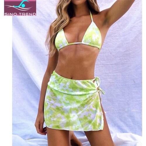 New 2021 Tie Dye Halter Bikini Set with Short Skirt Women Sarong Swimwear Female Three-pieces Swimsuit Bather Bathing Suit