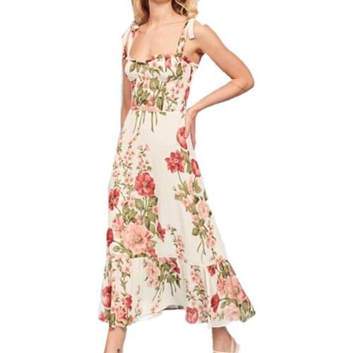 Summer French Clothes Flower Print Tie Bow Spaghetti Strap Midi Dress Elegant Women Wood ear Collar Ruched Back Sling Tea Dress