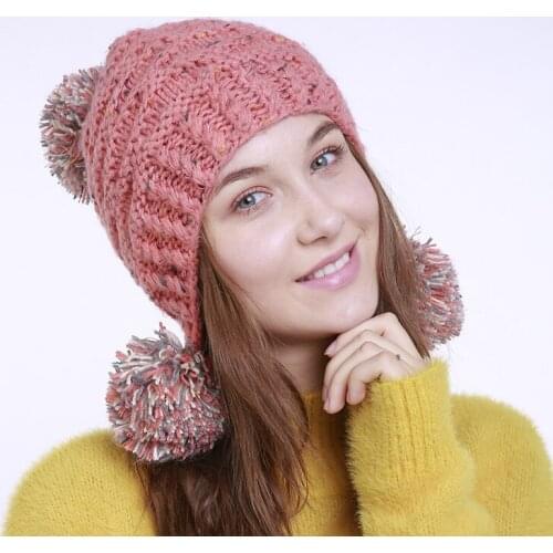 MingJieBiHuo new fashion women girls Mixed color knit wool hat autumn and winter new handmade jacquard 3 ball wool ball warm hat