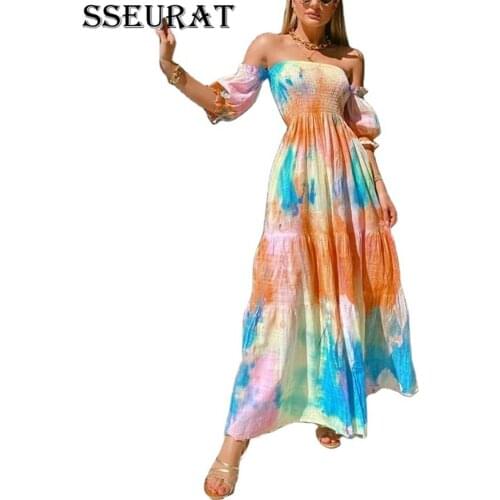 SSEURAT Women Elegant Tunic High Waist Elastic Floral Print Off Shoulder Maxi Dress Bohemian Beach Long Dresses Vestidos