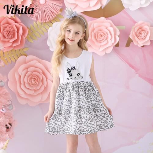 VIKITA Children Rabbit Dress Kids Cotton Summer Dresses Girls Casual School Clothes Toddlers Leopard Dress Children Clothing