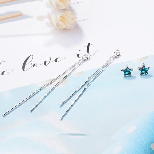 Blue Crystal Star Long Tassel 925 Sterling Silver Stud Earrings For Women Cute Minimalist 2020 Fashion Zirconia Ear Jewelry