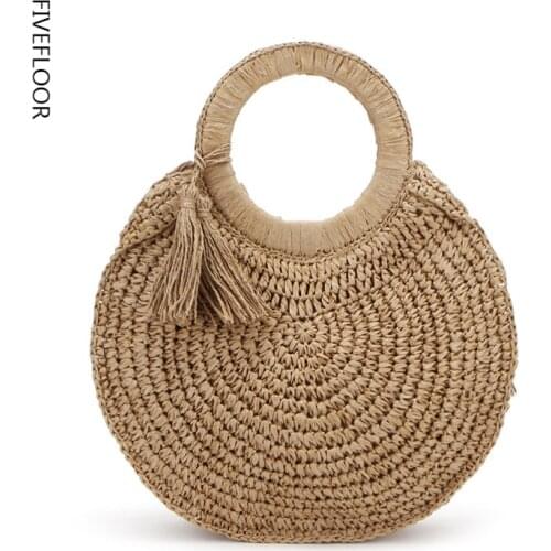 Womens Handbag Handmade Round Woven 2021 Summer Tassel Beach Bag Bohemian Knitting Straw Bags Female Round Handle Tote Bag