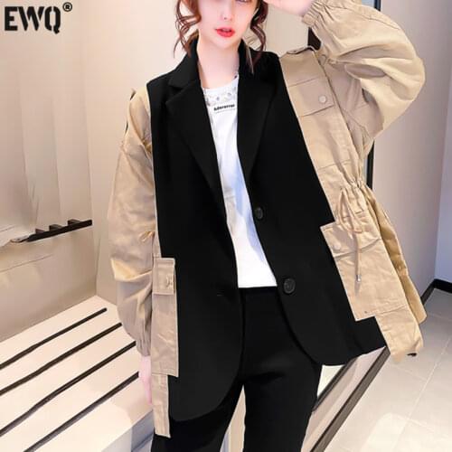 [EWQ] Korea Chic Casual Trend Women Lapel Stitching Contrast Pockets Loose Fashion Green Long-sleeved Blazer Autumn 2021 16E1441