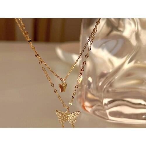 Shiny Double Butterfly Necklace For Women Simple Design Crystal Elegant Wedding Party Double Necklace Jewelry Gifts