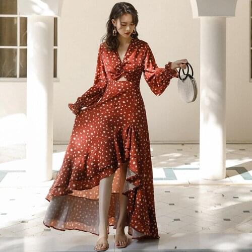 Elegant Boho Irregular Hem Long Dress Ladies Vestidos Spring V-neck Dresses Casual Vintage Brick Red Women Floral Print Dress