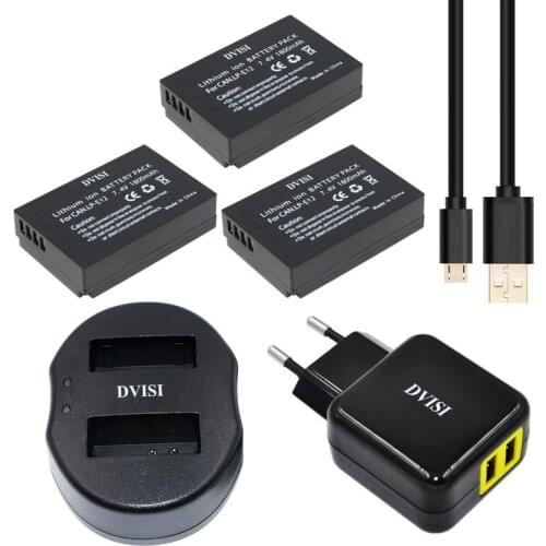 3pcs 7.4V 1800mAh LPE12 LP-E12 Rechargeable Battery+USB Dual Charger for Canon EOS M M2 100D Kiss X7 Rebel SL1+EU/US AC Adapter