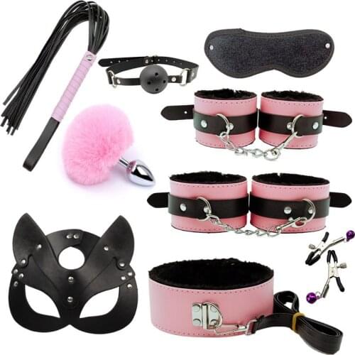 9Pcs Cute Metal Fox Tail Anal Butt Plug Handcuffs bdsm Bondage set nipple clamps gag Whip collar Sex Toys For couple Woman Men