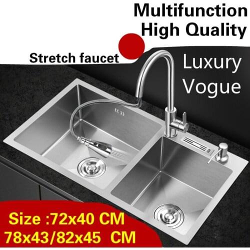 Free shipping Apartment kitchen manual sink double groove stretch faucet 304 stainless steel hot sell 72x40/75x41/78x43/82x45 CM