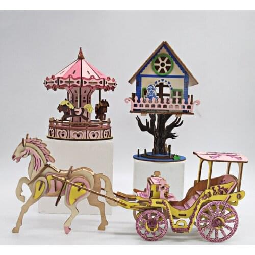 Cross-border wooden 3D jigsaw puzzle carousel model DIY educational toys childrens gifts educational toys for children 3 years