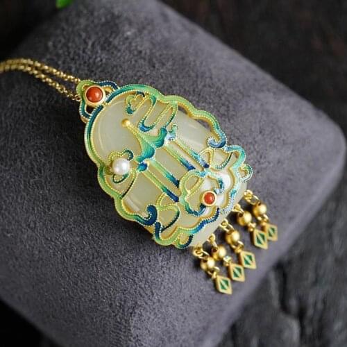 Designer original new flange porcelain inlaid geometric shape Hetian jade necklace pendant ethnic style retro ladies jewelry