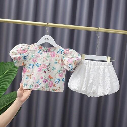 Girls 2pcs Princess Clothes Set Infants Baby Kids Children Summer Puff Short Sleeve Tops Flora Blouse+Shorts Pants Outfit S12624