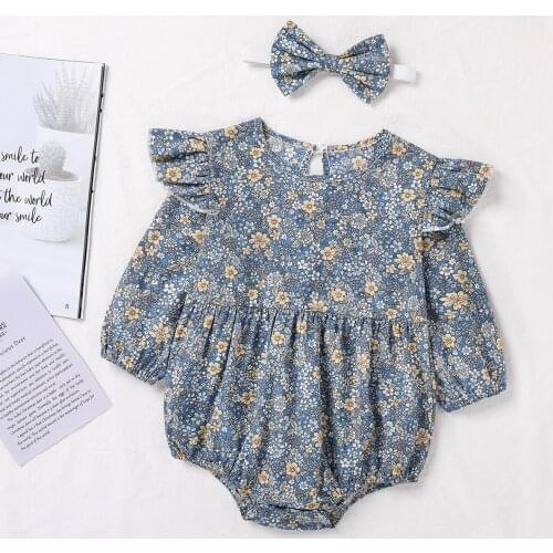 Pudcoco Newborn Baby Girl Clothes Flower Printed Long Fly Sleeve Ruffled Hem Triangle Bodysuit Bow Headband 2Pcs Outfits Romper
