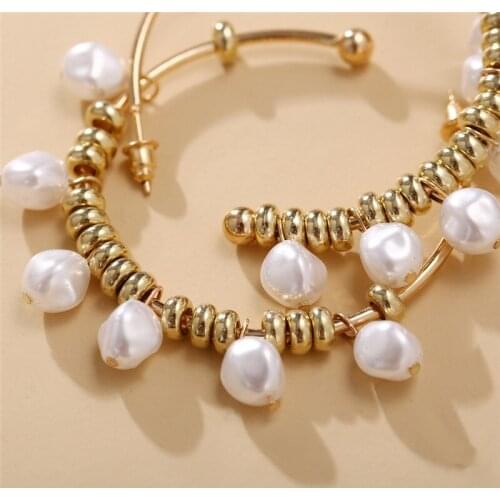 Fashion Gold Circle Metal Pearl Hoop Earrings Big Circle Hoops Statement Earrings for Women Wedding Bride Jewelry