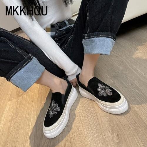 MKKHOU Fashion Casual Loafers Women 2021 New Spring Genuine Leather Beaded Thick Soles Increase All-match Single Shoes Women