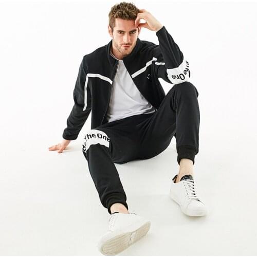 Mens Long Sleeve Sports Suit Line Contrast English Printed Zipper Jacket and Waist Trousers 2pcs Set for Leisure and Sport