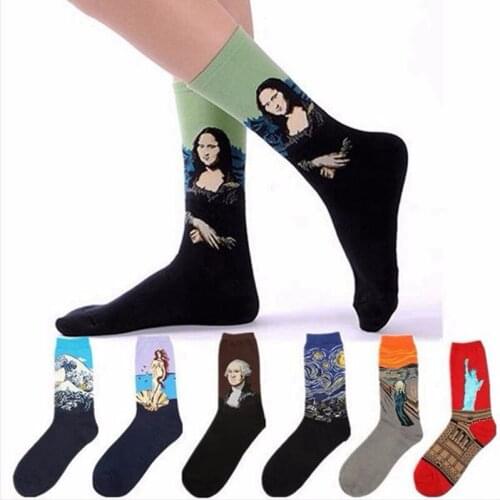 Colorful Van Gogh Retro Oil Painting Socks For Women Modern Renaissance Van Gogh Mona Lisa Print Cotton Socks Casual Funny Party