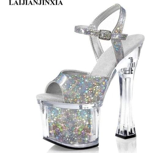 LAIJIANJINXIA New Peep toe Sequin Glitter Pole Dance Shoes Models Party Stripper Heels Stage Show Sexy 18 CM High Heels Sandals