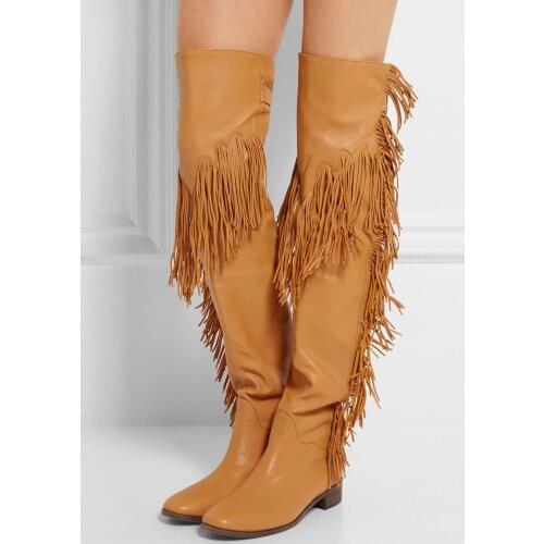 New black brown leather flats tassel boots thigh high boots 35-42 womens leather fringe boots free shipping party prom shoes wo