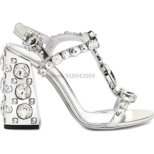 New Summer High Heels Girls Shoes Silver Chunky Crystal Sandals Princess Student Performance T Strap Heels