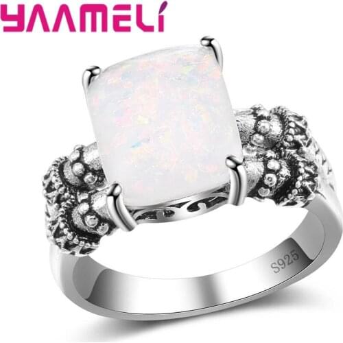 New Fashion Vintage Wonderful 925 Sterling Silver Square Opal Finger Rings Jewelry For Women Ladies Present Accessories
