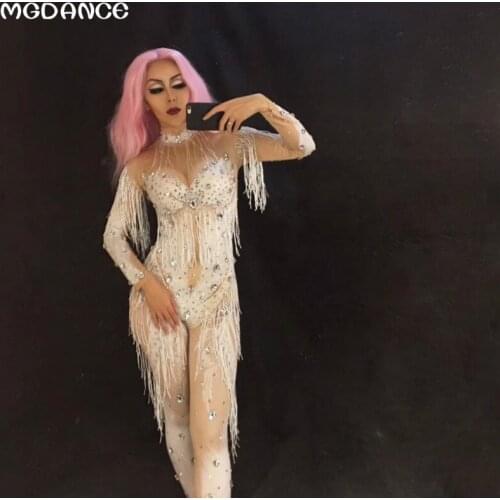 New Woman Sexy Tassel Nude Jumpsuit Skinny Dance Wear Jumpsuit Outerwear Rhinestones Performance Singer Costume