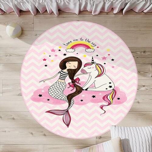 Pembe Çocuk Odası Halısı deniz kızı gök kuşağı unicorn renkli yıldız