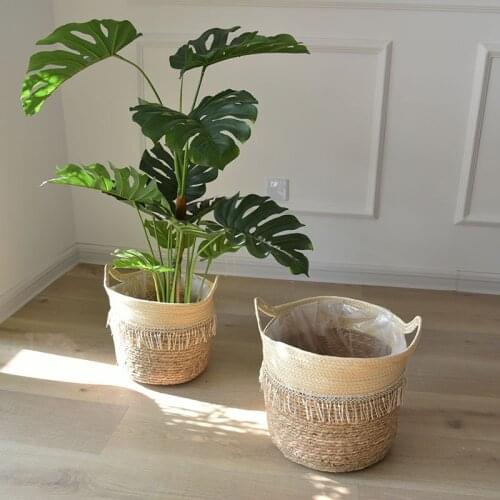 Handwoven Wicker Storage Baskets Potted Planter Barrel Laundry Basket Eco-Friendly Boho Rattan Hanging Bucket Seagrass Organzier