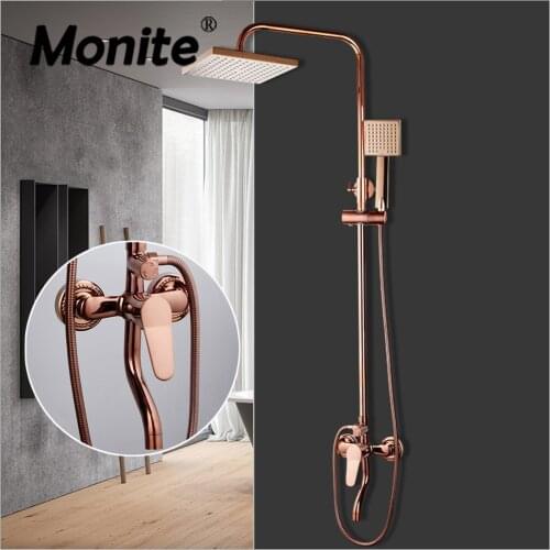 Monite Rose Golden Shower Faucet Set Solid Brass Mixer Handle Bathroom Bathtub Mixer Rainfall Hand Shower & Spray Shower Facuet