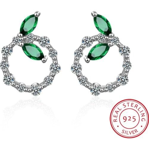 Korean Fashion Style Simple Circular Ear Studs Silver 925 Jewelry Gemstones Earrings for Women Emerald Leaf Dating