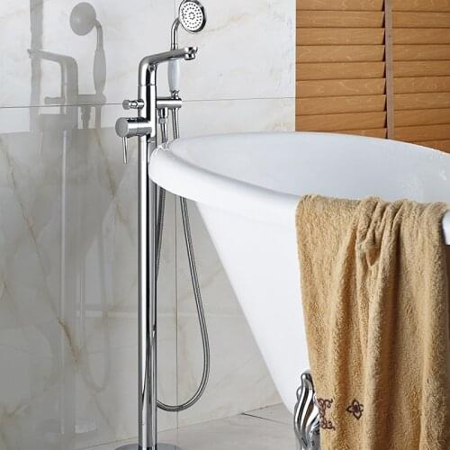 Vidric Chrome Polish Bath & Shower Faucets One Handle With Ceramic Handheld Shower Floor Standing Bath Tub Mixer Faucet