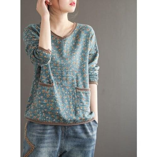 Vintage Floral Cotton Linen Women T-Shirts Autumn New 2021 V-Neck Pocket Causal Female Pulls Tops
