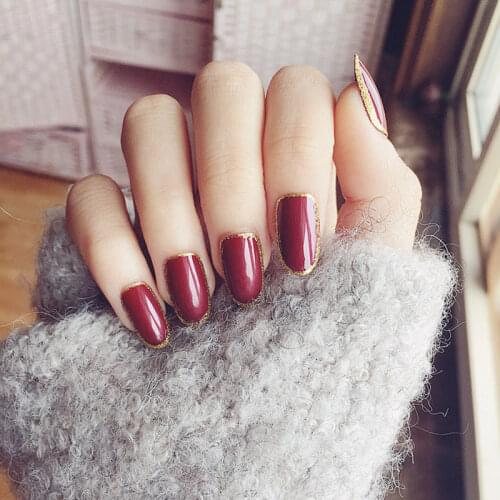 Vampire Wine Red False Nails Oval Short Design Fake Nails 24pcs/set Glitter Golden lady full Fake nail art with Glue