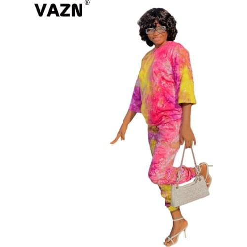 VAZN 2020 Top Quality Nature Vintage Free Casual Overalls Fashion Half Sleeve Group Long Pants Slim Women 2 Piece Set