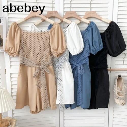 Vintage slash neck puff sleeve Rompers mesh patchwork lace up bow high waist pleated casual wide leg Rompers 2021 New Summer