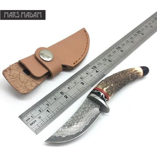 High-end small antlers Damascus steel straight knife camping outdoor survival tool gift collection outdoor knife