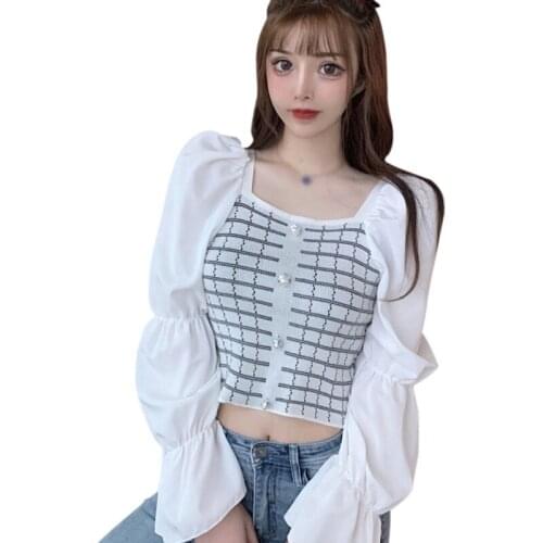 Womens Square Collar Plaid Patchwork Tshirt Slim Navel Exposed Knitted Puff Long Sleeved Tee Tops
