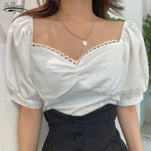 2021 Summer Off-shoulder Folds Lace Lady Blouse Tube Top Puff Sleeve Women Shirt All-match Short-sleeved Top Female Blusa 15586