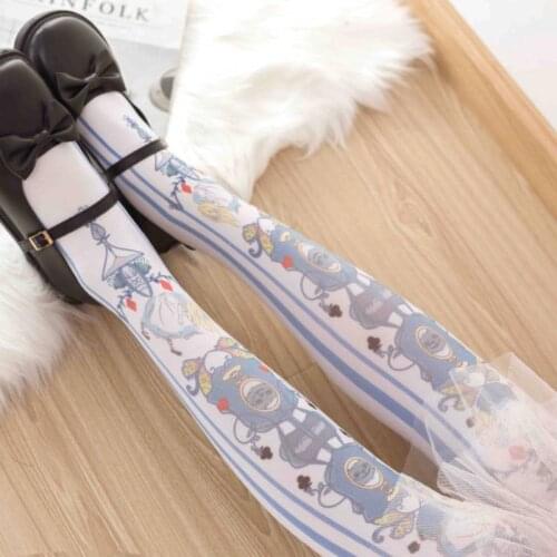 Women Japanese Lolita High Stockings Lolis Girl Overknee Socks Cosplay Softer Sister Stocking Sweet Autumn Long Blue Print Sock