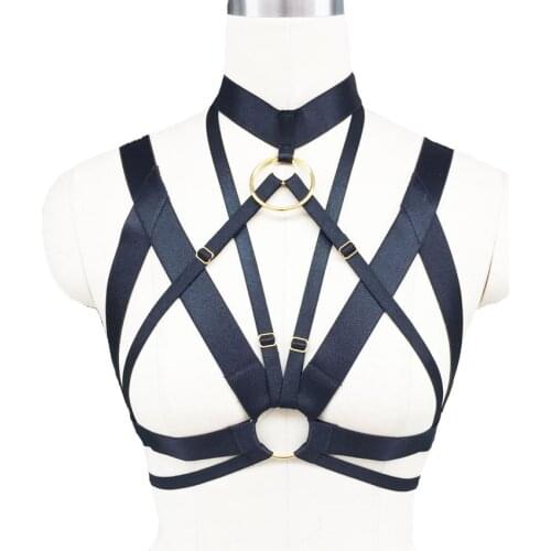 Sexy body harness belt fetish wear cage bra fashion body harness gothic gold ring Pole dance harness bra cage lingerie
