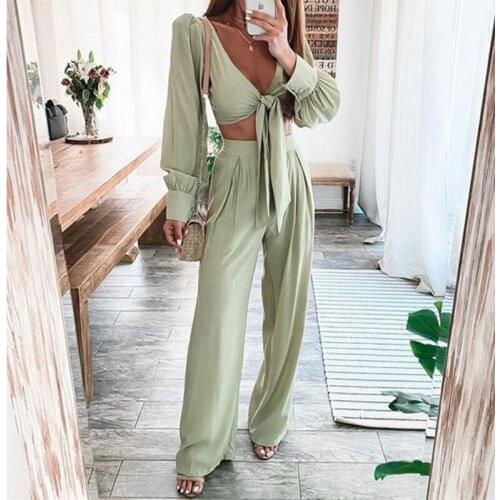 2021 Women Casual Loose Solid Color Tied Detail Long Sleeve Crop Top & High Waist Ruched Pants Set