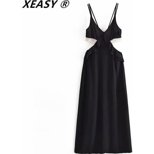 XEASY Za Woman 2021 Lace Dress Sexy Back Cut Out Summer Long Slip Backless Midi Dresses Ruffle Mujer Vestidos