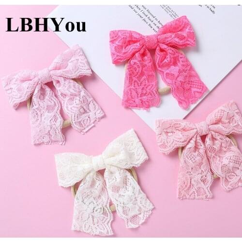 20pcs/lot High Quality Baby Girls Handtie Lace Nylon Headbands Princess Colorful Knotbow Skinny Nylon Hairbands