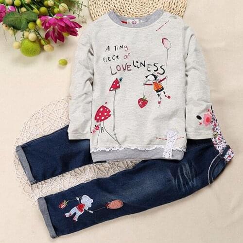 2021 New Spring Girl T shirt Sets Childrens Long-Sleeved T-shirts&Jean Suits Child Tops Baby Girl Cotton Comfort Sets