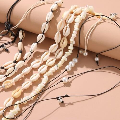 7 Pcs/Sets Alloy Shell Beaded Hand-woven Necklace 2021 Fashionable Bridal Wedding Adjustable Necklace for Womens Accessories