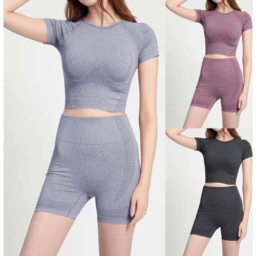 Seamless Yoga Set Fitness Sport Suits Sportswear Gym Set Short Sleeve Gym Crop Top High Waist Shorts Workout Clothes For Women